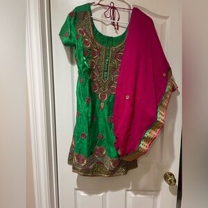 Green and Pink Embroidered Women's Top